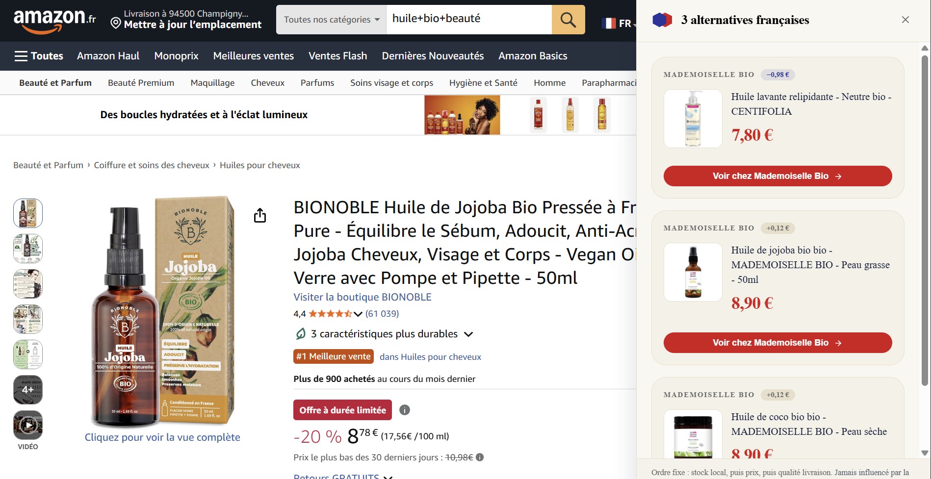 Extension Domestix sur Amazon — panneau latéral montrant 3 alternatives françaises (Mademoiselle Bio, Centifolia) pour une huile de jojoba bio